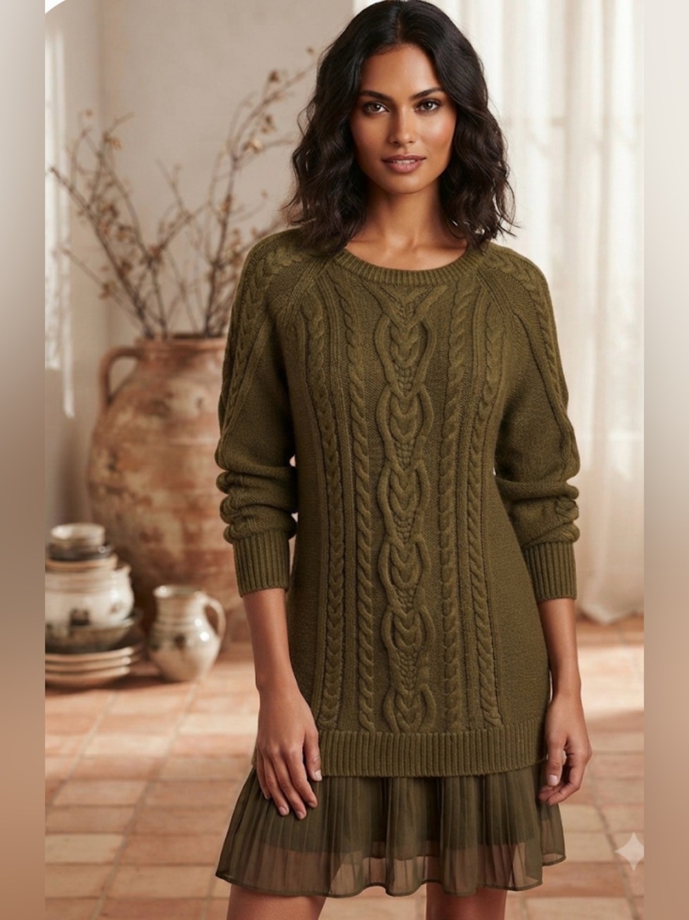 Anthropologie Olive Green Cable-Knit Pleated Hem Sweater Dress